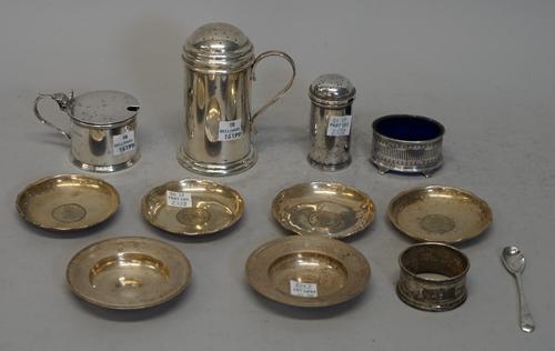 Silver and foreign wares, comprising; a muffineer of cylindrical form with a scroll handle, London 1961, a near pair of small Armada dishes, a peppere