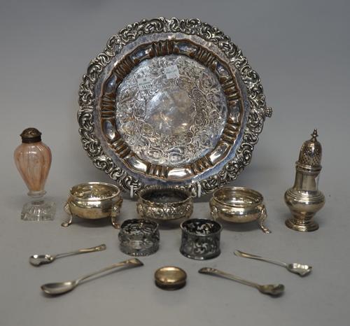 A George II silver pepperette, of baluster form and pierced pull-off top, London 1751, three silver salt cauldrons, various dates, two pierced silver