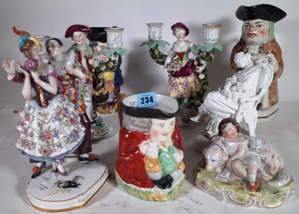 Ceramics, including a group of continental figures, Toby jugs and sundry, (qty).