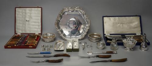 Silver plated and further items, comprising; a Harrods sixteen piece steak knife and fork set, with antler handles, cased, a five piece carving set, c