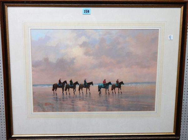 M. J. Coates (20th century), Horses on the shore, gouache, signed, 34cm x 50cm.; together with a further gouache of a poppy field, signed Paul Evans.(