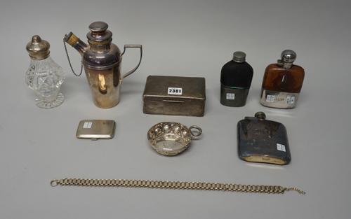 Silver, silver mounted and plated wares, comprising; a tasse a vin, of circular form with looped serpent handle, a cigarette box, with engine turned d