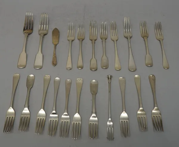 Silver forks, comprising; a pair of Victorian table forks in the fiddle pattern, London 1846, sixteen desert forks, various dates and makers, a pickle