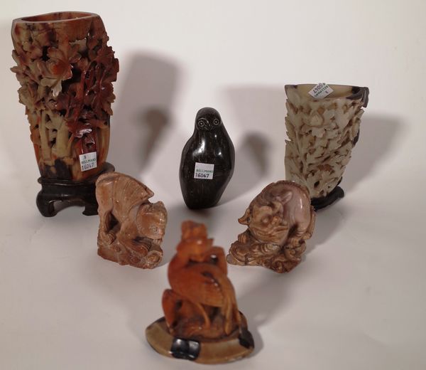 Asian Collectables, a group of three 20th century hardstone figures of animals, two Chinese hardstone vases and a hardstone figure of an owl, (5).