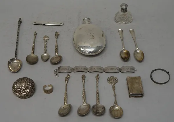 Silver and silver plated wares, comprising; a Victorian hip flask, of oval form, the body engraved with a badge of the 1st Staffordshire Regiment XXXV