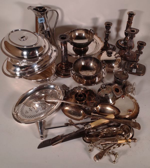 Silver plated wares, including; jugs, plates, bowls, candlesticks and flatware, (qty).