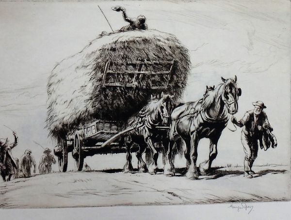 George Soper (1870-1942), The Hay cart; The Log Team; The Plough Team, Hay Cart, a group of four etchings, signed in pencil, together with a further s