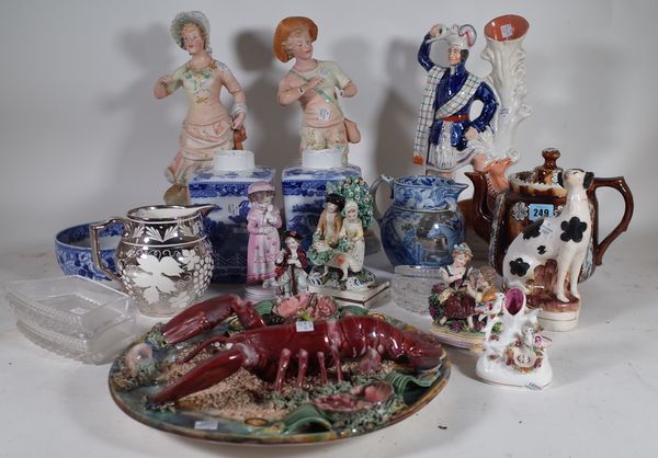 Ceramics, including; a barge teapot, blue and white vases, Staffordshire figures and sundry, (qty.).