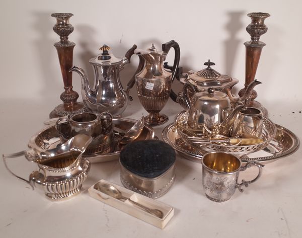 Silver plated wares, including; candlesticks, jugs teapots, pin cushion and sundry, (qty).