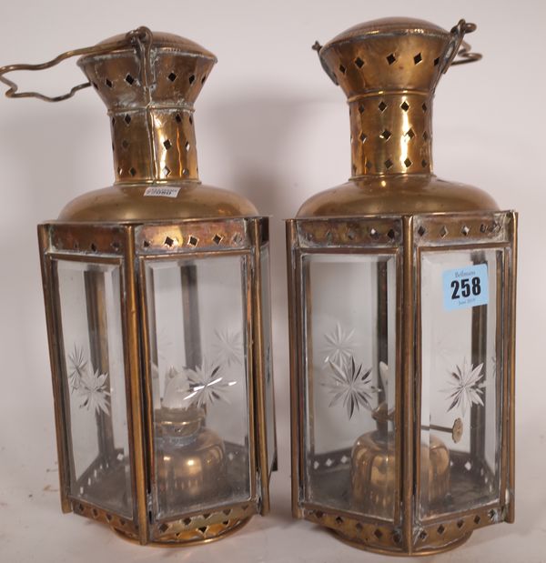 A pair of late 19th / early 20th century  pierced brass hexagonal lanterns, 36cm high.