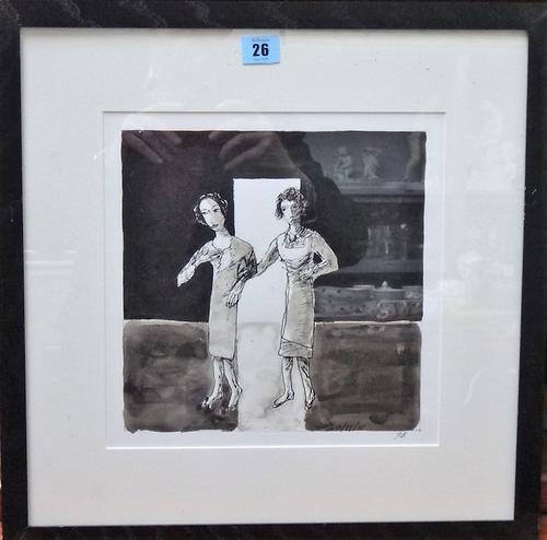 John Barnicoat (b.1924), Two women, pen and ink, dated 20/11/01, 25cm x 25cm. DDS