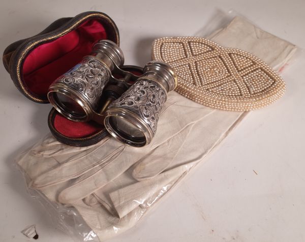 A pair of silver mounted Le Jockey club binoculars, a vintage beadwork bag and a pair of calf skin gloves,(3).