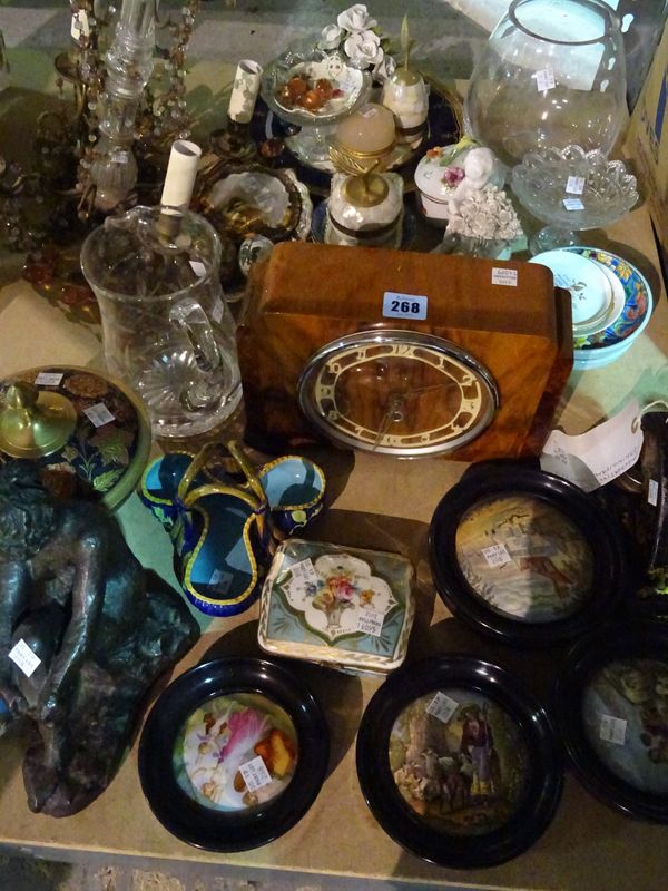 Ceramics & collectables including; walnut mantel clock, gilt metal and glass ceiling light framed, pot lids and sundry, (qty).