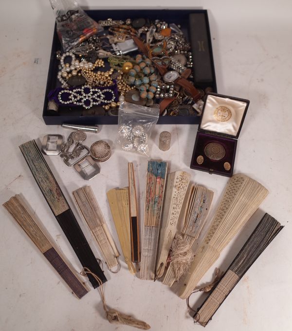 Mostly 20th century costume jewellery and a small quantity of silver (925) items, including buckles, a cheroot case and sundry, (qty).