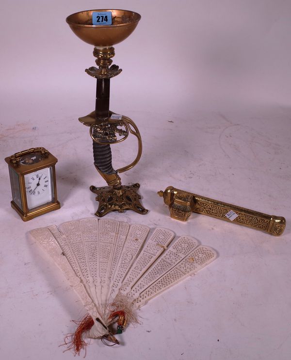 Collectables, including; candlesticks made with elements from a 19th century sword, a carriage clock, brass box and a fan, (qty).