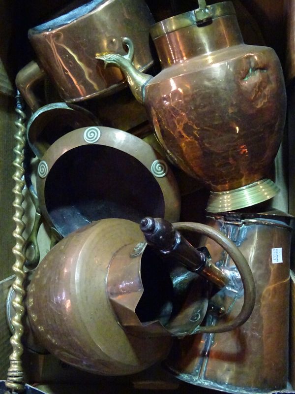 Metalware, a large quantity of copper and brassware including, jugs, plates, urns and fire tools, (qty).