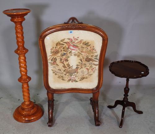 A Victorian mahogany framed arch top tapestry screen, 57cm wide x 94cm high, a 20th century oak jardiniere stand with barley twist column 22cm wide x