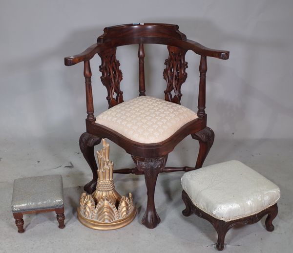 A mid-18th century style hardwood double vase back corner chair on claw and ball feet, 72cm wide x 84cm high.