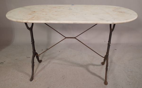 A 20th century oval marble top table, on cast iron base, 120cm wide x 72cm high.