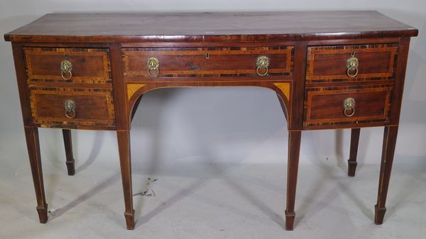 A Regency coromandel and satinwood banded mahogany bow front sideboard with three frieze drawers, 166cm wide x 91cm high.