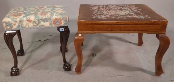 A George III style mahogany footstool on shell capped ball and claw supports, 47cm wide x 50cm high and a 19th century walnut rectangular footstool, 6