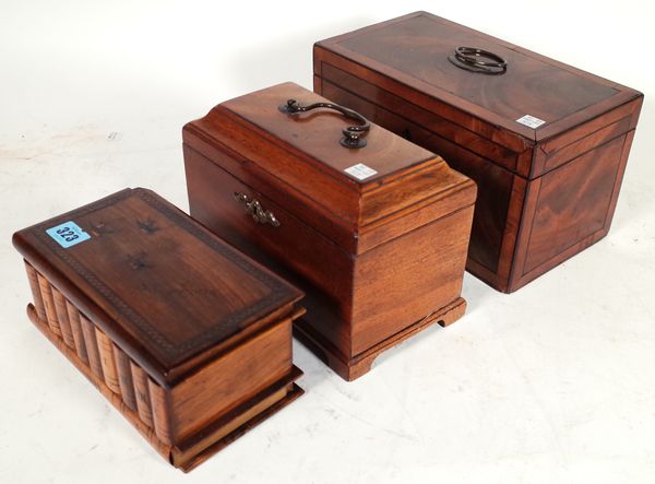 A 20th century olive wood deception box formed as a stack of books, 20cm wide x 10cm high, a George III mahogany tea caddy, 23cm wide x 19cm high and