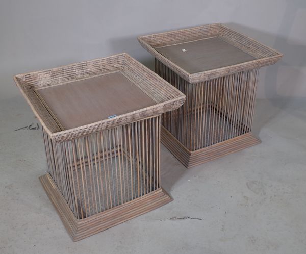 A pair of rattan square side tables, 50cm square x 50cm square.