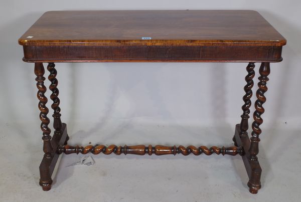 A 19th century rosewood centre table raised on barley-twist columns and 'H' frame stretcher, 95cm wide x 66cm high.