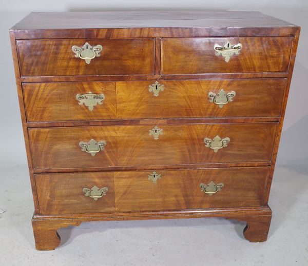 A 19th century mahogany chest of two short and three long drawers raised on bracket supports, 107cm wide x 100cm high.