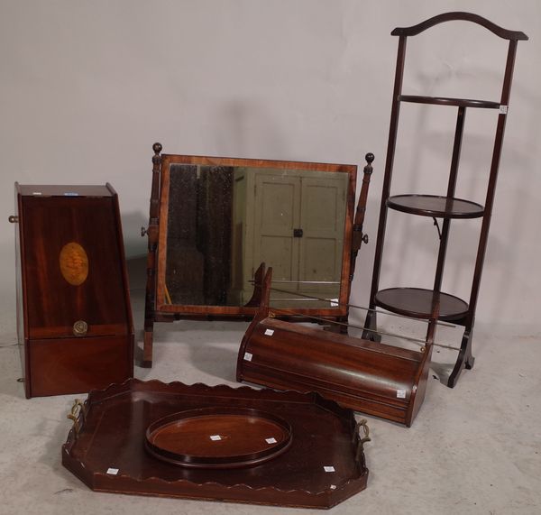 A group of furniture to include; a Victorian mahogany dressing table mirror, 56cm wide x 54cm high, a 20th century mahogany three tier cake stand, 88c