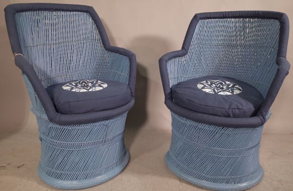 A set of four 20th century blue painted bamboo peacock chairs, (4).