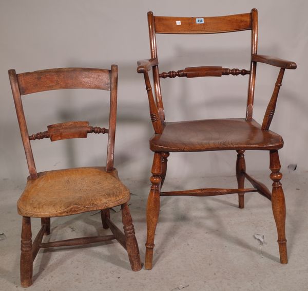 A late 19th century ash and beech knife back open armchair and a smaller child's chair, (2).