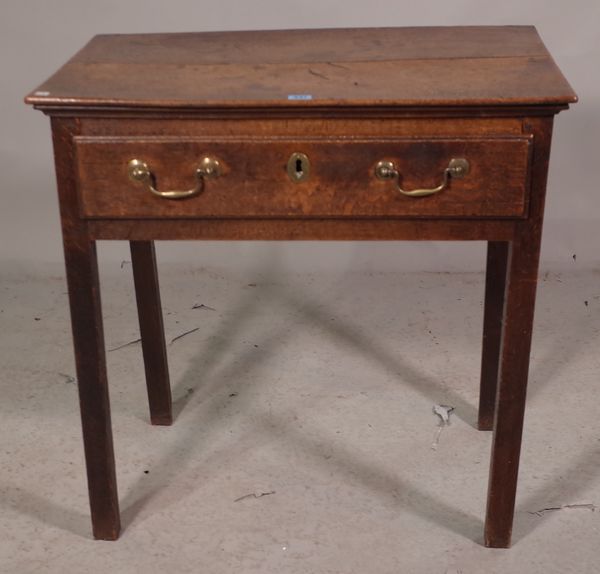 A George III and later oak single drawer lowboy on block supports, 74cm wide x 75cm high.