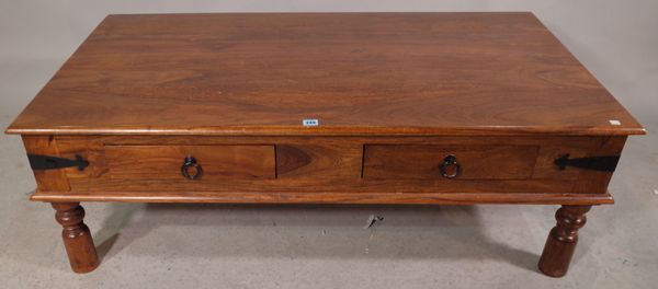 A 20th century hardwood rectangular coffee table, with two drawers on tapering supports.