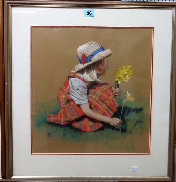 D** K** (late 20th century), Gathering daffodils; On the beach, two pastels, both signed with monogram, the larger 39cm x 36cm.(2)