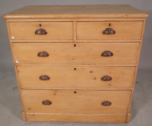 An early 20th century pine chest of two short and three long graduated drawers, 101cm wide x 101cm high.