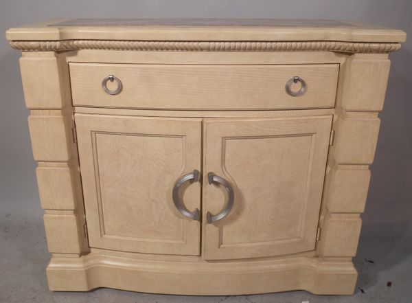 A 20th century cream painted oak side cabinet, with inset marble top over single drawer and cupboard base, 117cm wide x 98cm high.