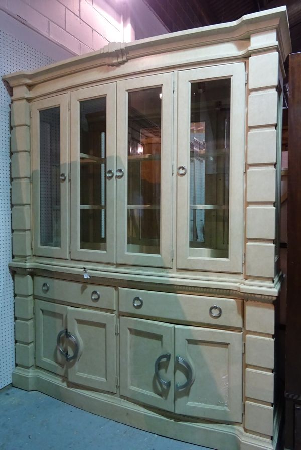 A 20th century cream painted oak kitchen dresser, with four glazed door top section over two drawers and cupboard base, 180cm wide x 286cm high.