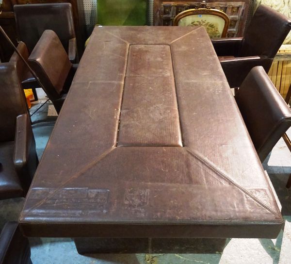 A 20th century faux brown leather upholstered dining table, 210cm long x 100cm wide x 83cm high.