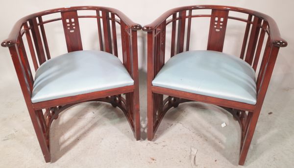 Giorgehi  a set of twelve 20th century stained beech tub chairs, with blue upholstered seat, (12).