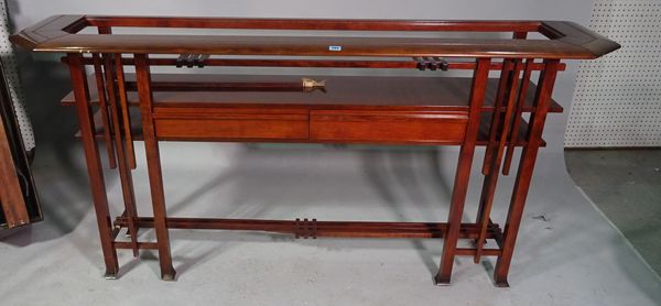 A pair of 20th century hardwood console tables, with glass inset top over two drawers, 180cm wide x 100cm high.