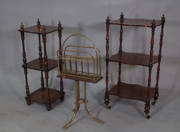 A group of 20th century furniture comprising; a mahogany three tier what 29cm wide x 78cm high, a three division magazine rack 35cm wide x 73cm high a