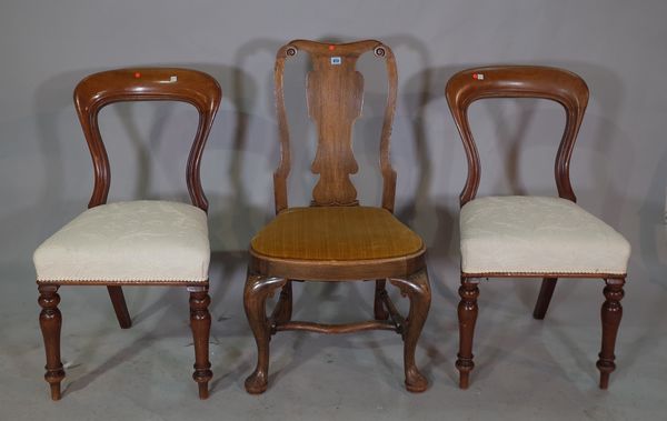 A Queen Anne style oak vase back dining chair, and a pair of Victorian mahogany balloon back dining chairs, (3).