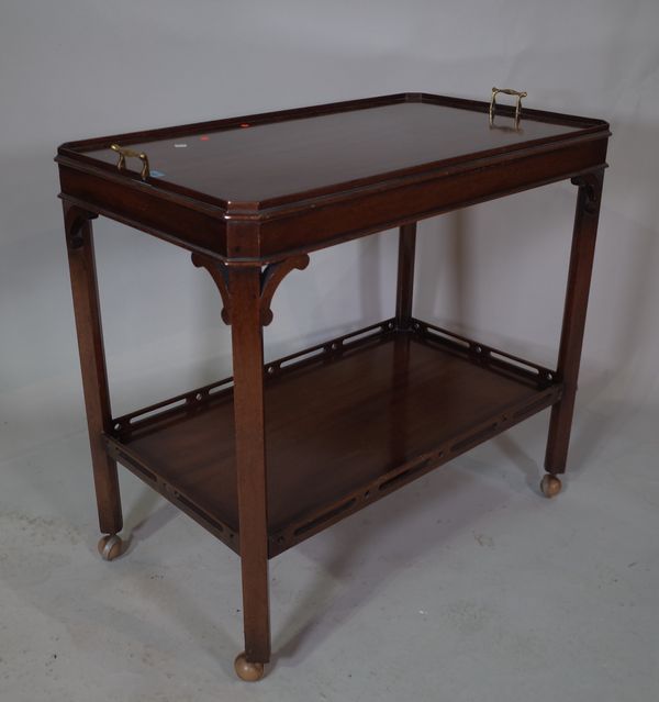 A George III style mahogany two tier serving trolley, 85cm wide x 78cm high.