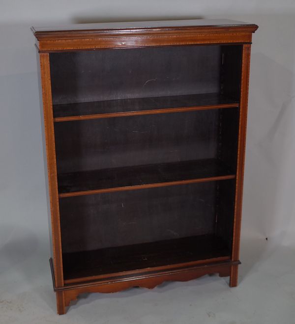 An Edwardian mahogany and satinwood banded open bookcase, 88cm wide x 115cm high.