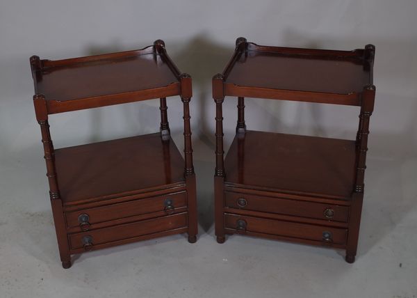 A pair of 20th century mahogany two drawer occasional tables with galleried top, 48cm wide x 65cm high.