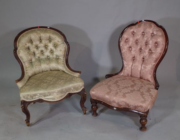 A Victorian mahogany framed nursing chair, on cabriole supports button back upholstery and one further, (2).