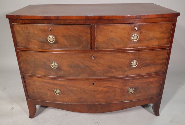 A 19th century mahogany bowfront chest, with two short and two long drawers, on bracket feet, 102cm wide.