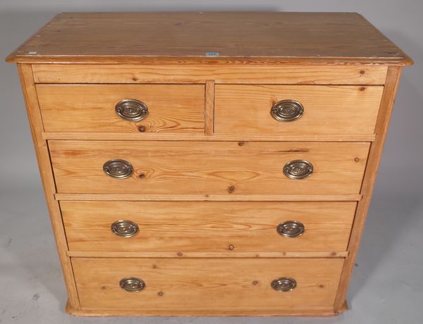 A 20th century pine chest of two short and three long drawers, 100cm wide x 92cm high.