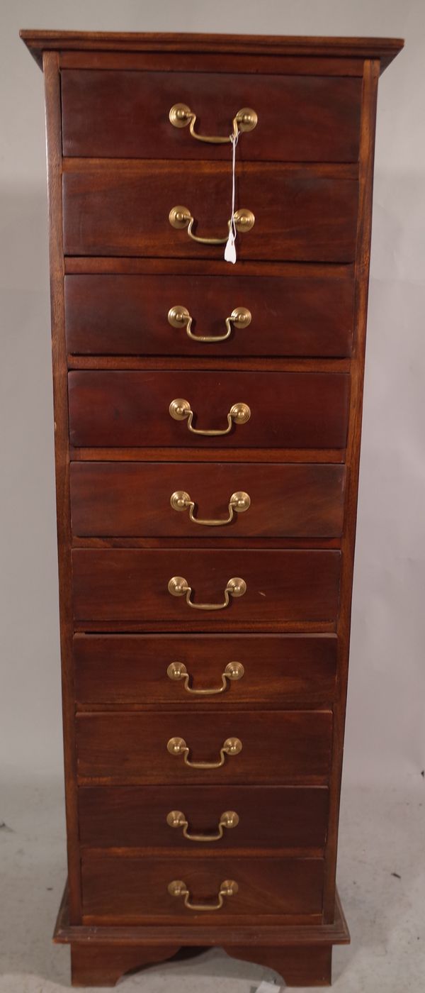 A 20th century mahogany tall chest of ten single drawers on bracket supports, 136cm high x 46cm wide x 39.5cm deep.